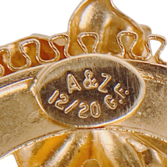 VTG Signed A&Z Brooch Gold Filled Green Jade Gemstone Circle Floral Mid Century - Picture 8 of 14